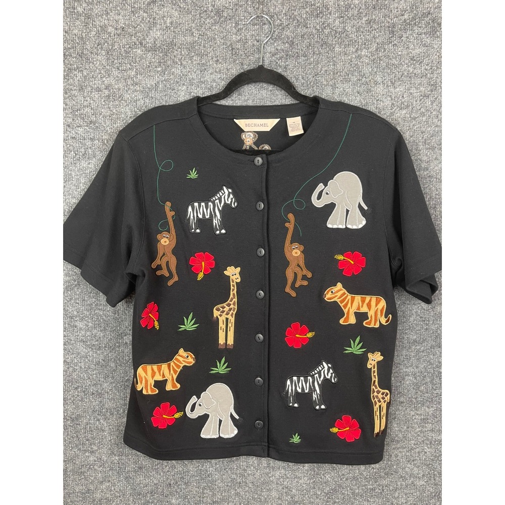 Bechamel Cardigan Top Women's Medium Black‎ Safari Jungle Embroidered Cotton